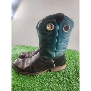 Justin Boots Mens Size 10.5 Blue Brown Leather Western Cowboy Square Toe Pull On